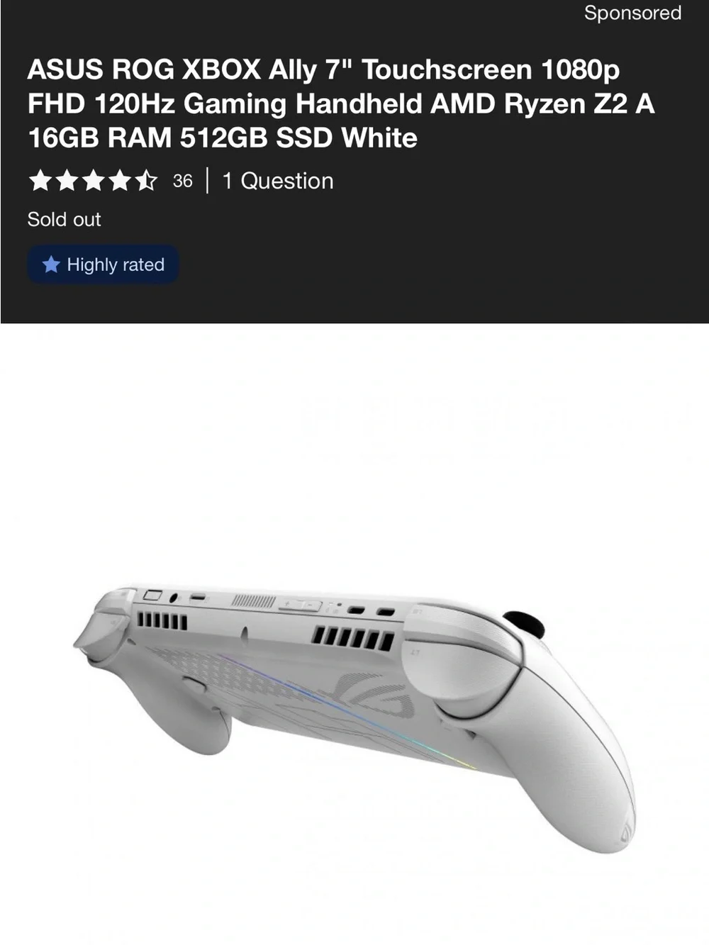 ASUS ROG Ally Handheld Gaming Console - White with RGB Accents